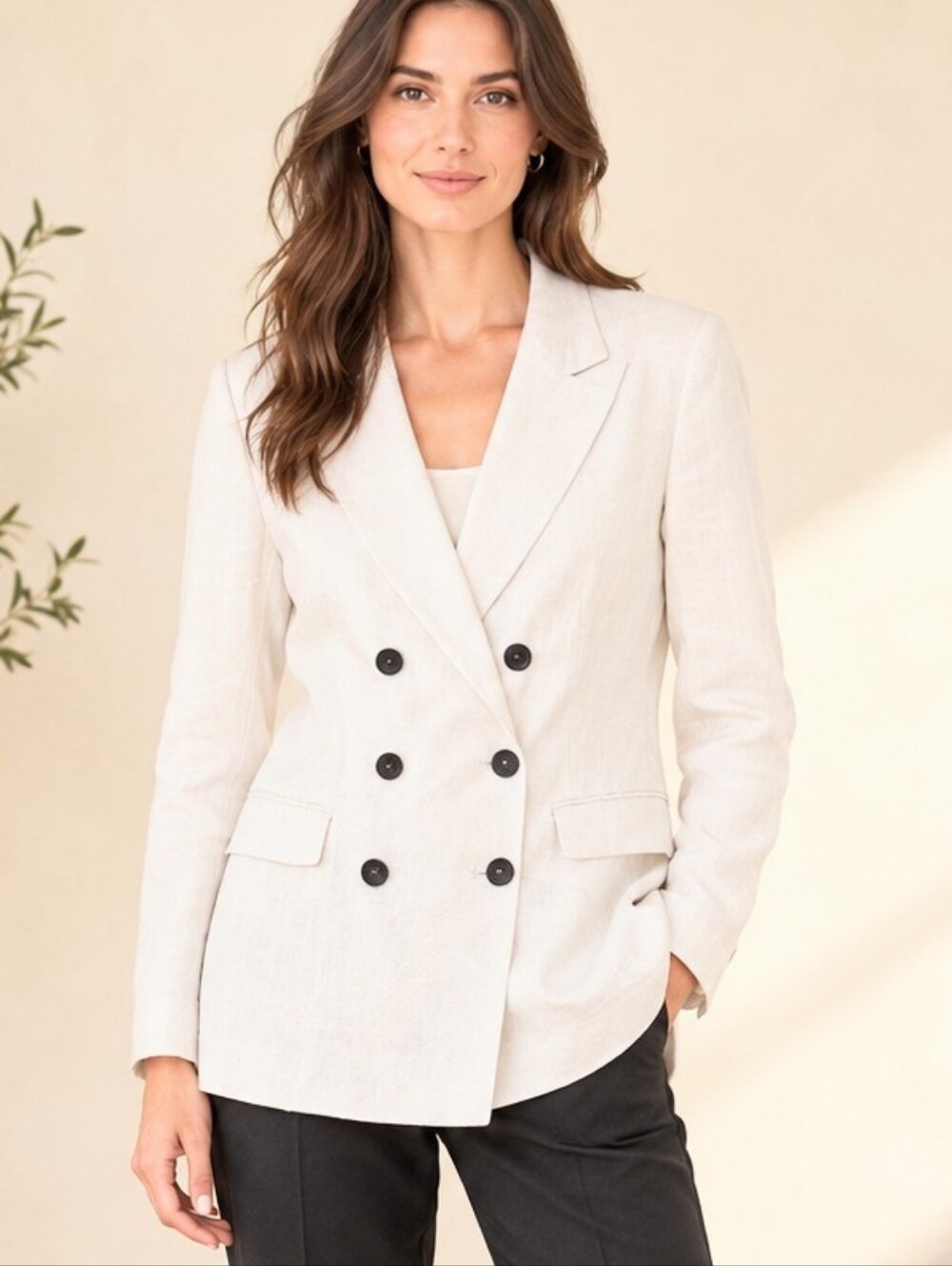 Linen Blend Double Breasted Longline Blazer Ivory MNG Mango Size 4